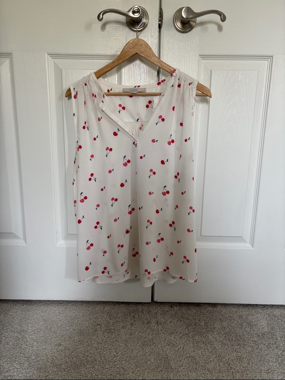 LOFT White Sleeveless Cherries Print V-Neck Shirt